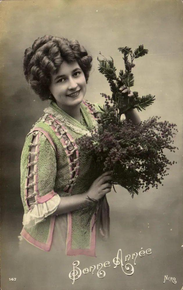 Junge Frau in geschmücktem Kleid — mit einem Blumenstrauß — NERO, Nr. 147 - Vorderseite