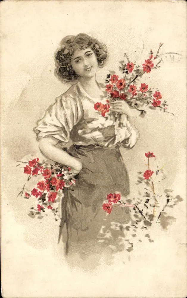 Junge Frau mit einem Strauß roter Blumen — Illustration — Verlag nicht sichtbar - Vorderseite