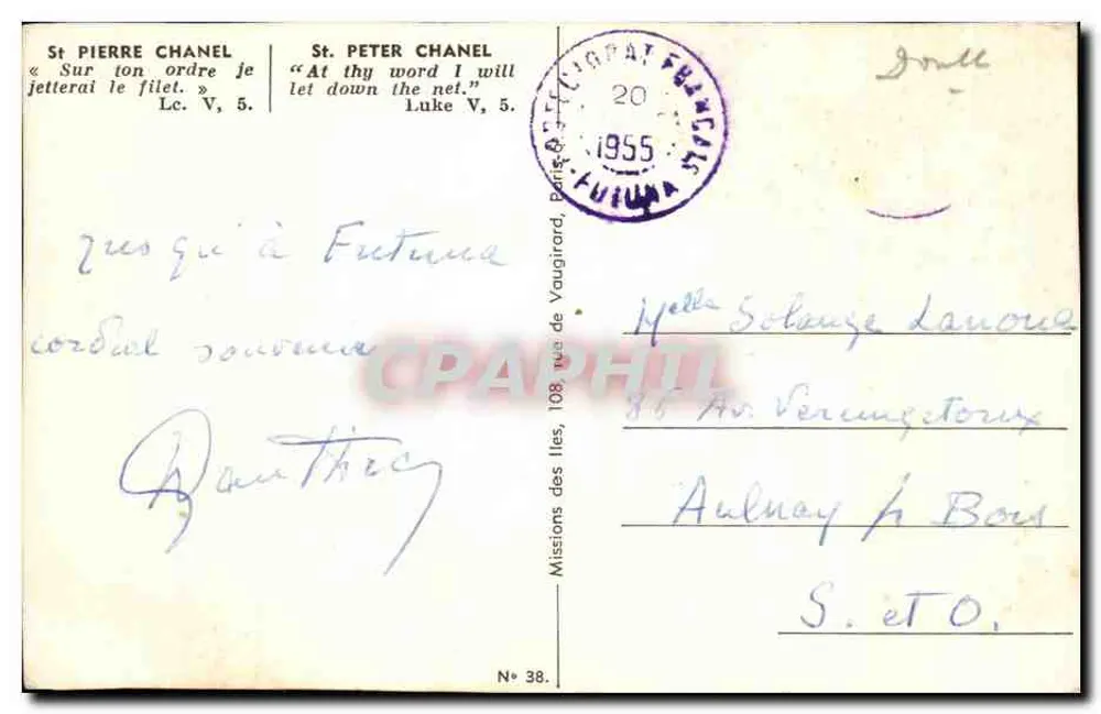 San Pietro Chanel — Missionario a Futuna — Missions des Iles, N° 38 - Verso