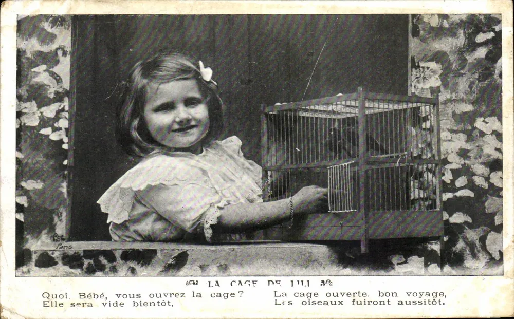 Mädchen, das eine Vogelkäfig öffnet — Paris — Verlag RS - Vorderseite