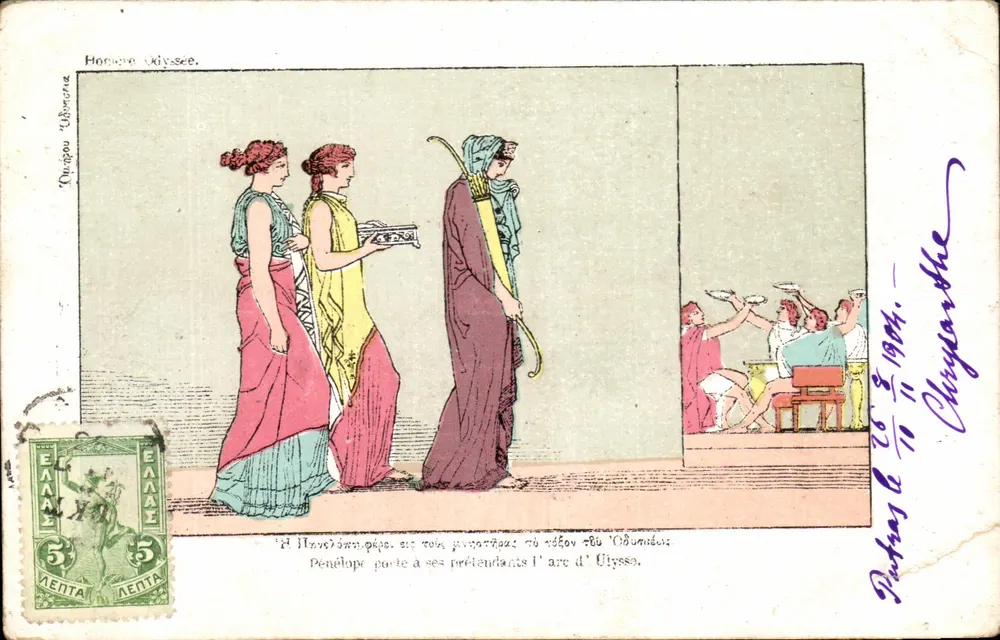 Penelope reicht den Bogen Ulysses an ihre Bewerber — Theodor Chrysanthé — Georges Féais, Athen - Vorderseite