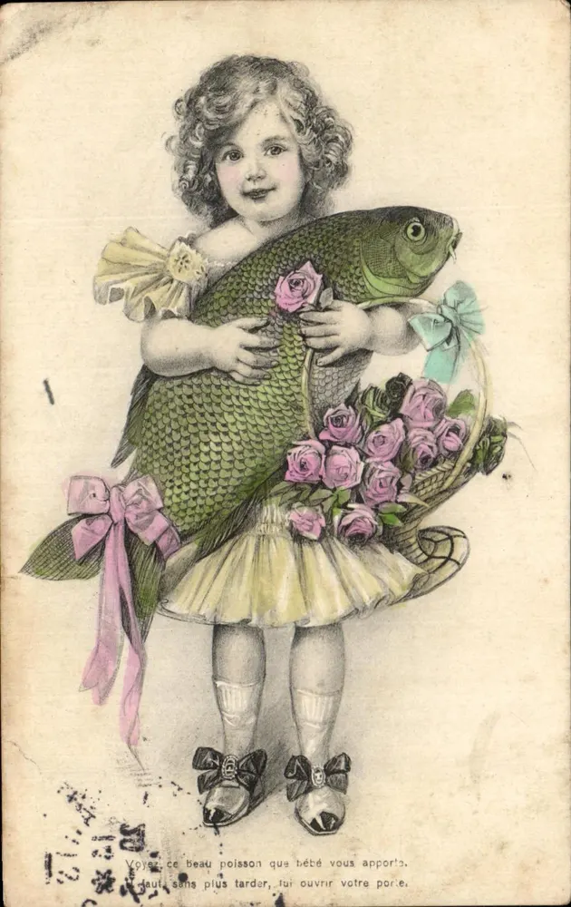 Kind mit einem Fisch und einem Rosenstrauß — Verlag nicht sichtbar - Vorderseite