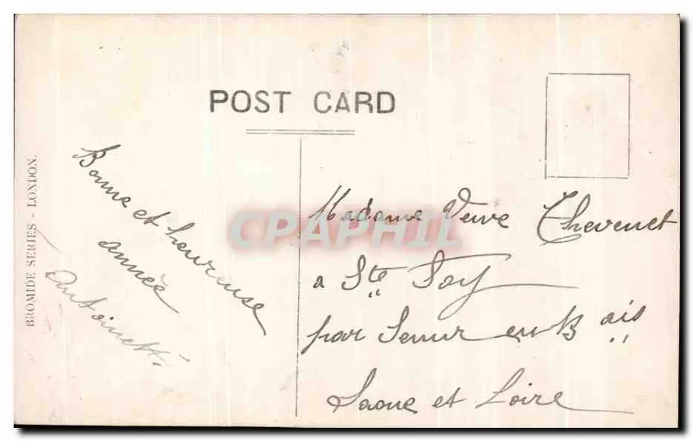 Pansées — Carta postal com texto impresso e carimbo — editor Bromide Series, Londres - Verso