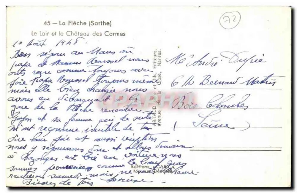 O Loir e o Castelo dos Carmelitas — La Flèche (Sarthe) — Edições ARAUD e Filhos, Nantes - Verso