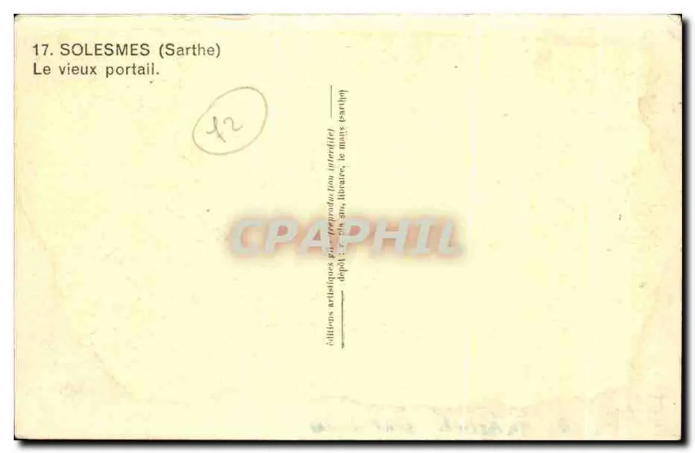 Solesmes (Sarthe) — Le vieux portail — éditions artistiques Guérin (ou littérifide) - Verso