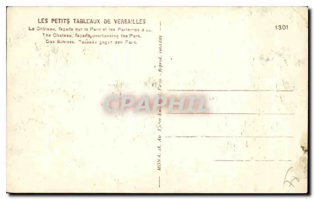 Castelo de Versailles — fachada para o parque e os jardins — editor MONA, n° 1301 - Verso
