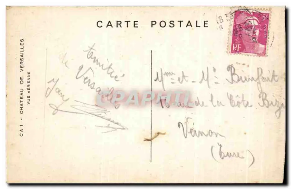 Castelo de Versailles — Vista aérea — CA1, editor Carte Postale - Verso