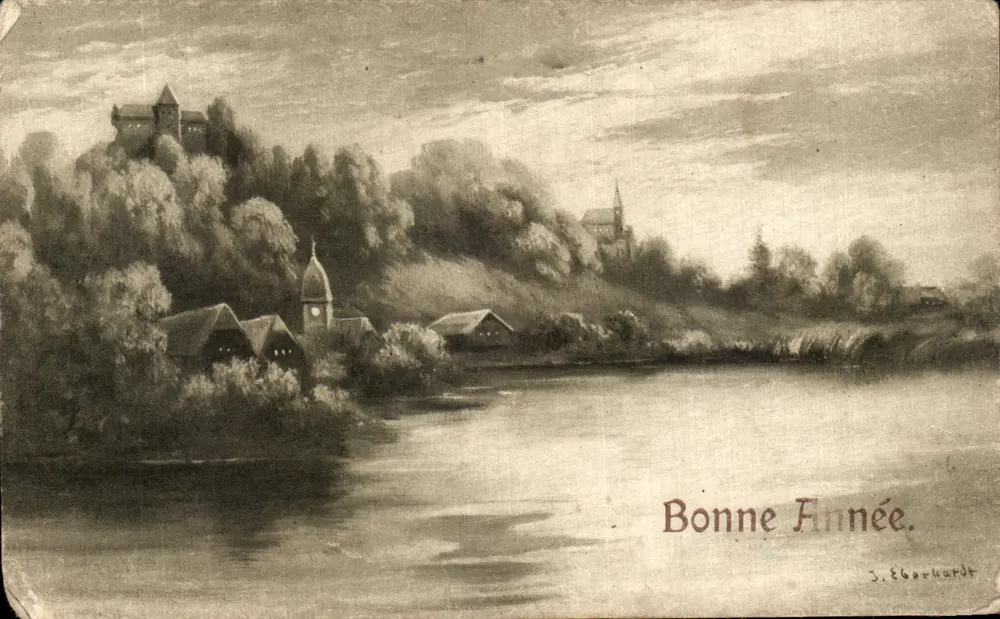 Ansicht eines Schlosses und Dorfes am Ufer eines Sees — J. Eberhardt — Serie 2897 - Vorderseite