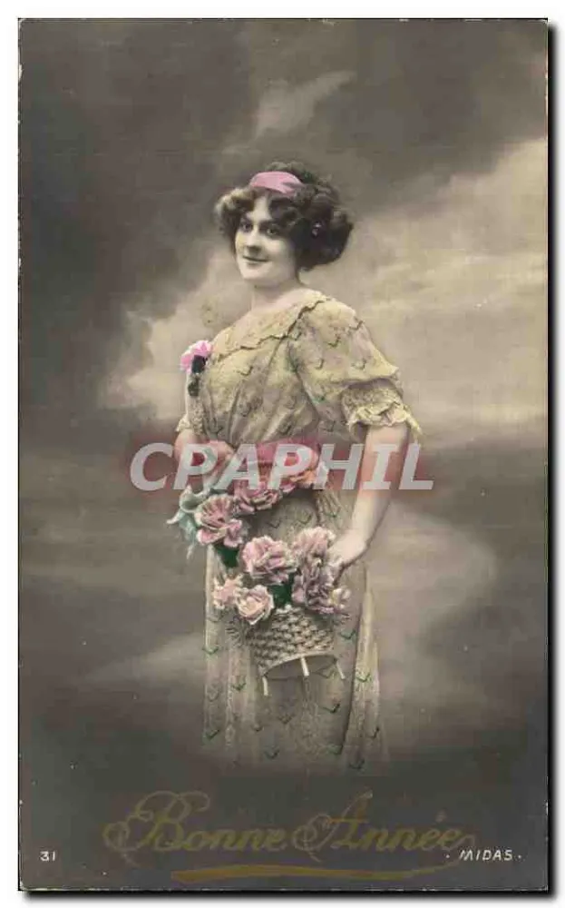 Frau in einem blumigen Kleid mit einem Rosenkorb — Frohe Neujahr — MIDAS n°31 - Vorderseite