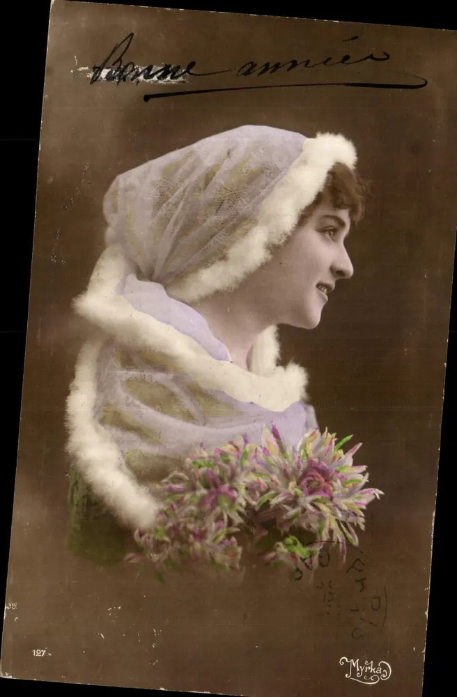 Junge Frau im Schleier und Pelz — Frohe Weihnachten — Myrka, n°127 - Vorderseite
