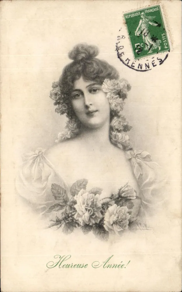 Junge Frau mit Blumen — Grußkarte — M. M. MUNK, Nr. 468 - Vorderseite
