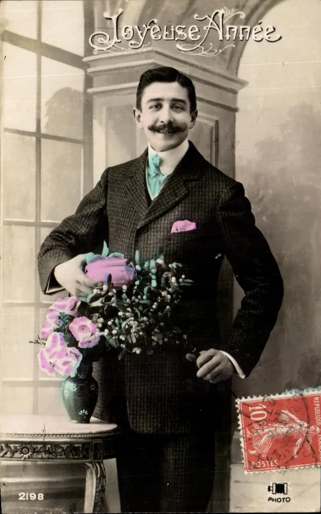 Mann in Anzug — mit Rosenstrauß — Foto-Karten, Nr. 2198 - Vorderseite