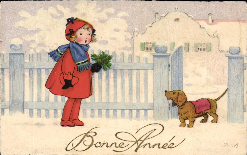 Kind und Hund in der Schnee — Frohe Neujahr — R.B. - Vorderseite