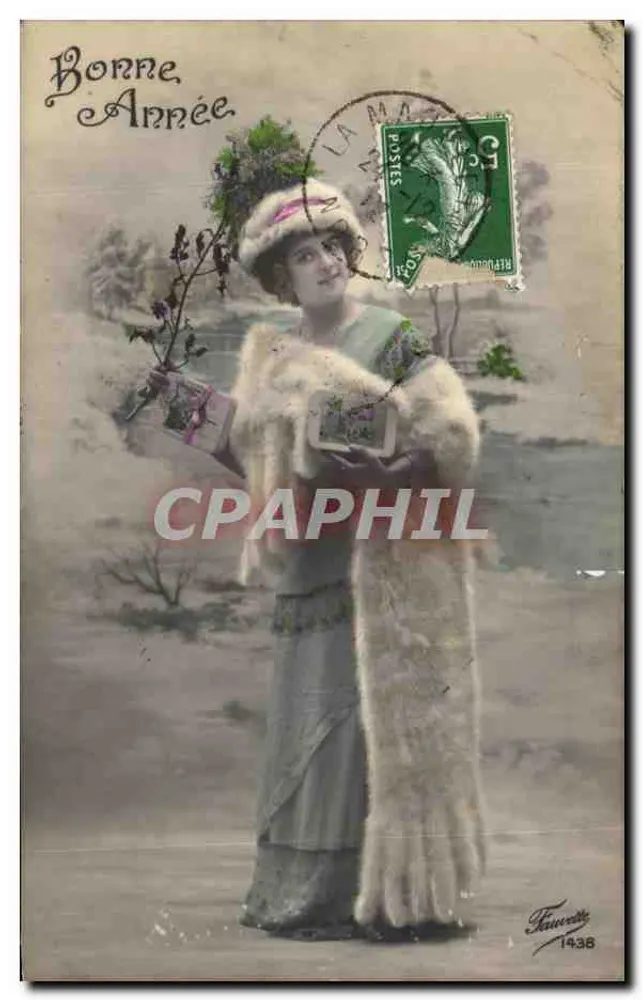 Frau in Pelz mit Blumenstrauß — Frohe Neujahr — Verlag Fauvete, Nr. 1438 - Vorderseite