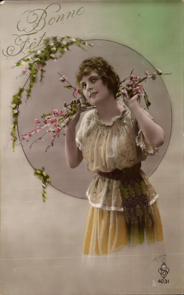 Frau mit Blumenzweigen — Frohe Geburtstagskarte — Verlag L. P. Nr. 4031 - Vorderseite