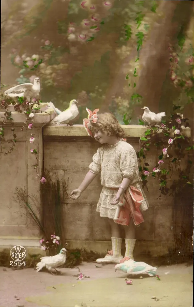 Mädchen, das mit Tauben spielt — Garten-Szene — Verlag A. NOJER, Nr. 2554 - Vorderseite