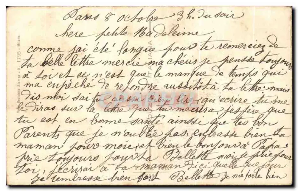 Mädchen und Hund — Zeichnung signiert D. Villa — Verlag V. Berlinghieri, Mailand - Rückseite