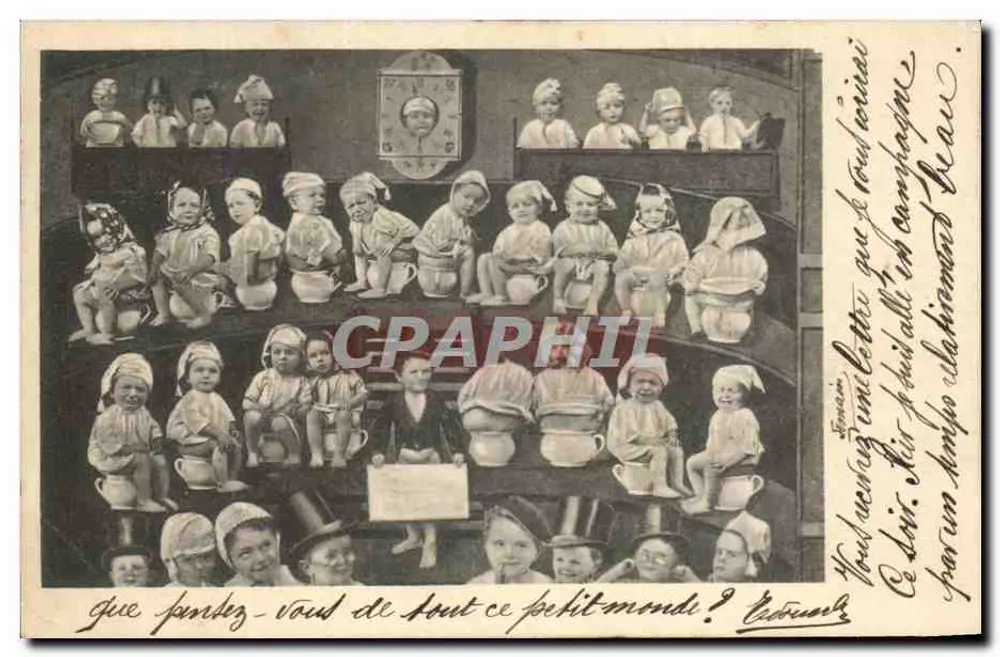 Salle de classe d'école — enfants assis sur des pots à lait — éditeur anonyme, série 4136 - Vorderseite