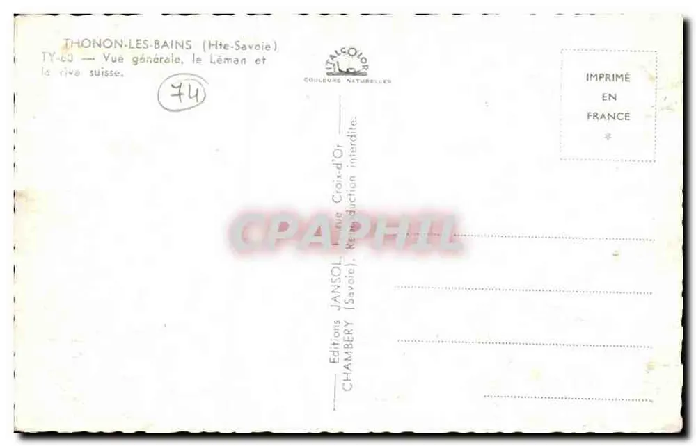 Thonon-les-Bains — Allgemeiner Blick, See Léman und die Schweizer Ufer — Éditions Jansol, Chambéry - Rückseite