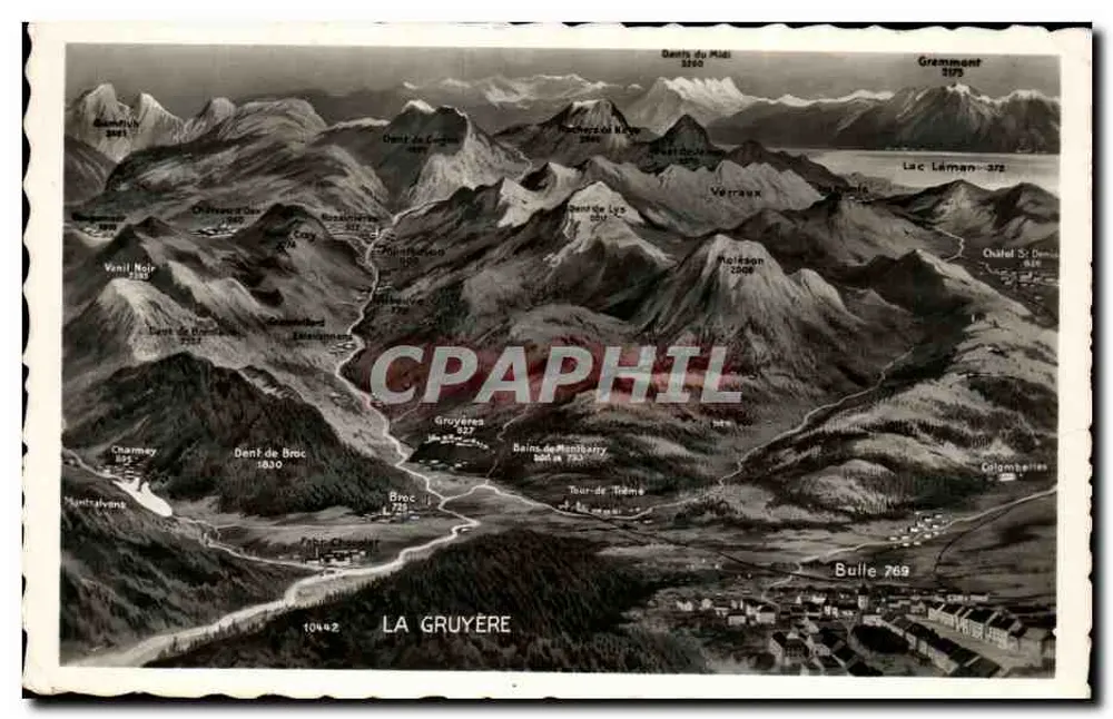 La Gruyère — vista aérea das montanhas e dos vilarejos — Edição Parchet, Lausanne - Frente
