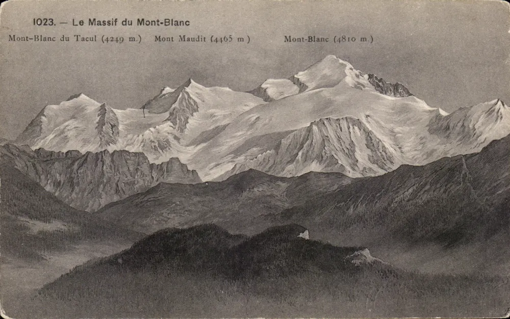 Der Mont-Blanc-Massiv — Mont-Blanc du Tacul (4249 m), Mont Maudit (4465 m), Mont-Blanc (4810 m) — Serie 1023 - Vorderseite