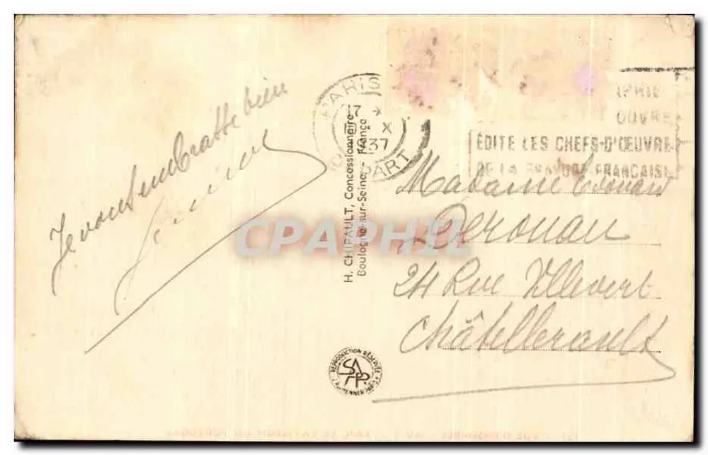 Internationale Ausstellung Paris 1937 — Der Pavillon Portugals — H. CHIFFAULT, Verkäufer, Paris - Rückseite
