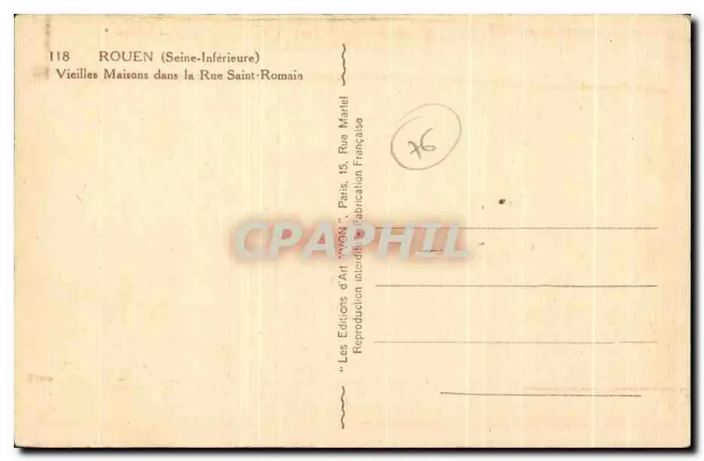 Rouen (Seine-Inférieure) — Alte Häuser in der Straße Saint-Romain — Les Éditions d'Art 'WGN', Paris - Rückseite