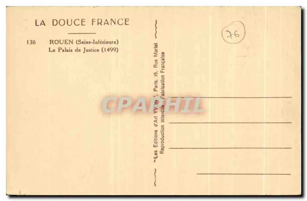 O Palácio de Justiça em Rouen — (Seine-Inférieure) — Éditions d'Art Yvine, Paris - Verso