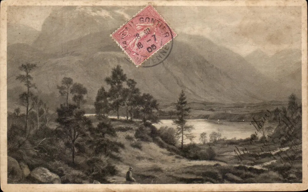 Lago e montagne — vista montuosa — editore non visibile - Recto