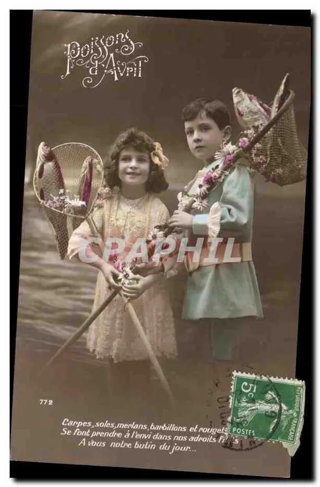 Zwei Kinder in Fischer-Outfits — April-Fische — unbekannter Verleger, Nr. 772 - Vorderseite