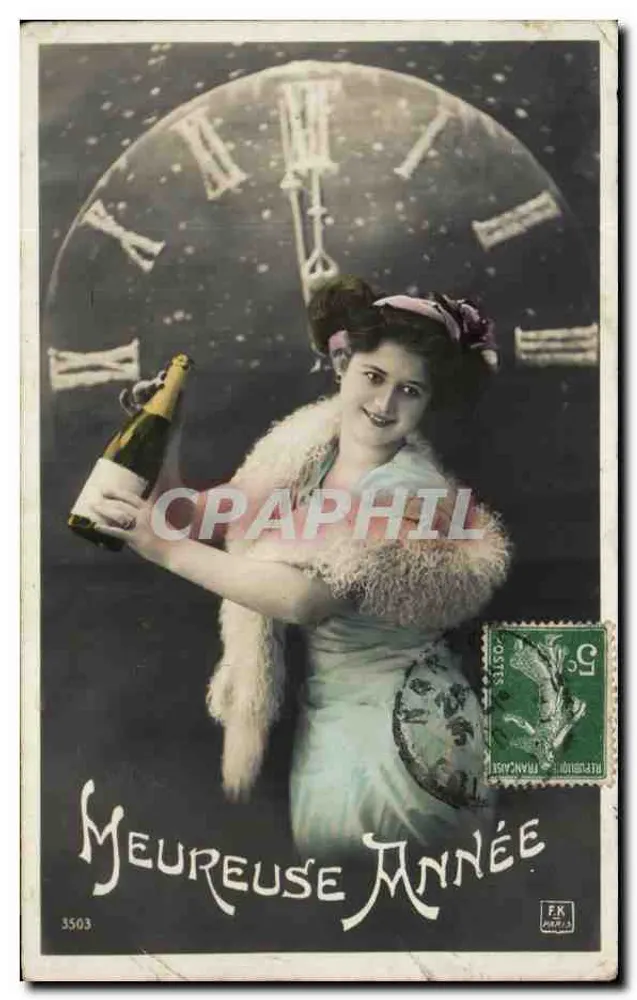 Frau in Pelz mit einer Flasche Champagner — Neujahrs-Szene vor einem großen Zifferblatt — Verlag F.K. PARIS n° 3503 - Vorderseite