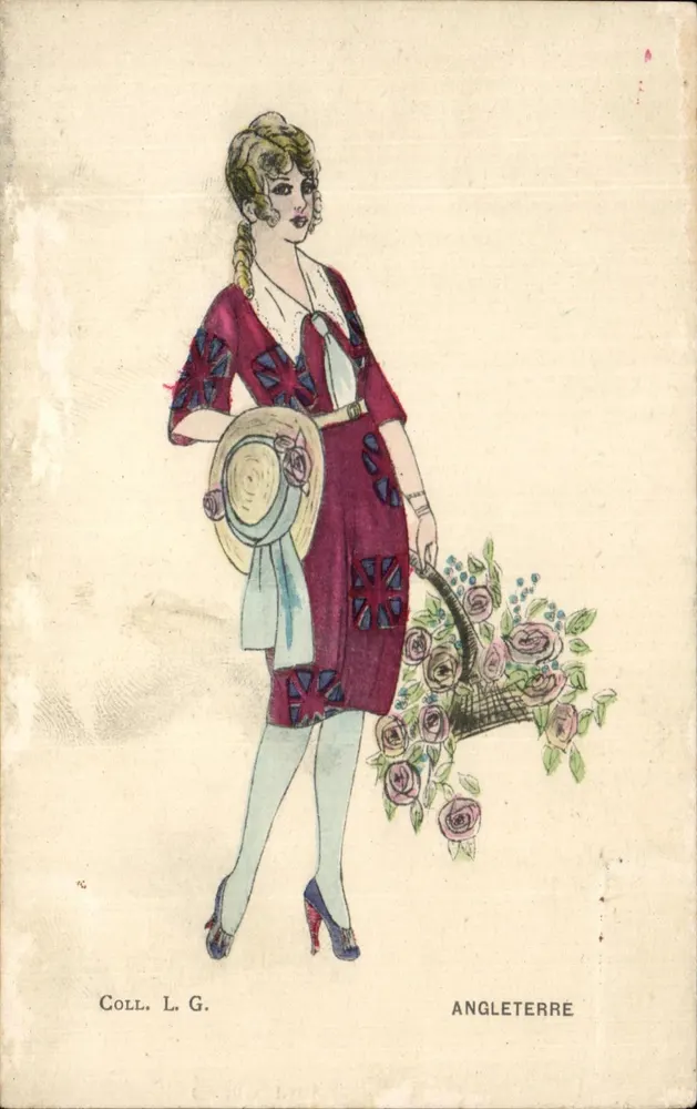 Frau in englischem Kleid — rotes Kleid mit Union Jack-Muster, mit einem Rosenkorb — Verlag Galdum, Paris - Vorderseite