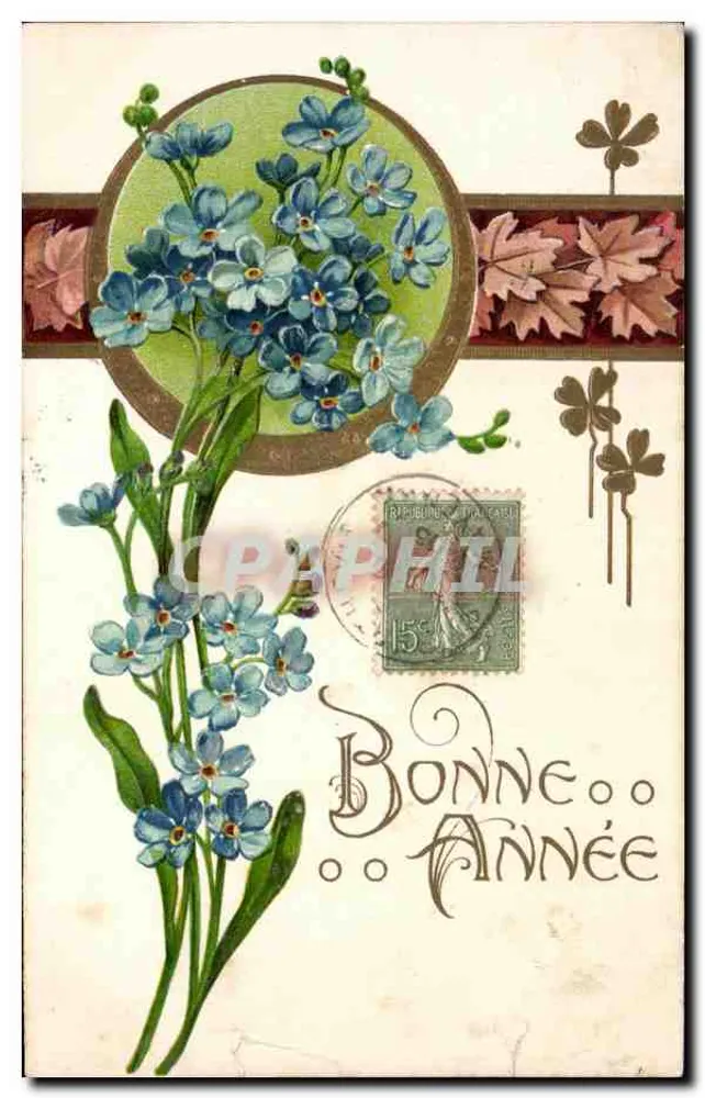 Bouquet de myosotis — carte de vœux avec timbre 15c — éditeur non visible - Vorderseite