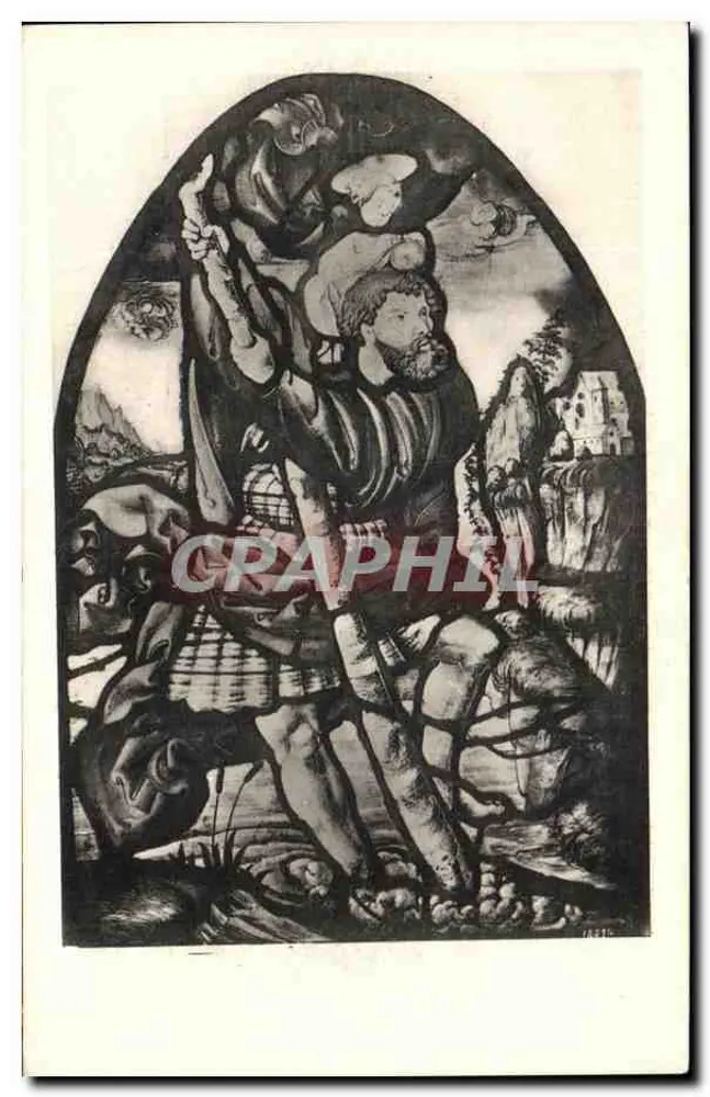 Heiliger Christophorus mit Jesus — 15. Jahrhundert, Glasfenster — Lichtdruck Frobenius A.G., Basel - Vorderseite