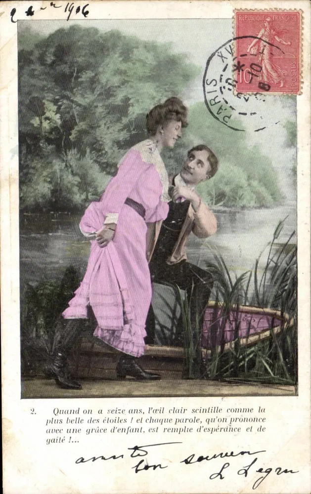 Junges Paar in einem Boot — poetischer Text — Verleger L. Degren - Vorderseite