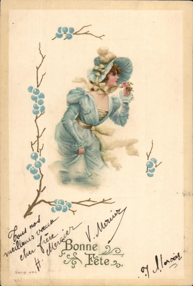 Femme en robe bleue et chapeau — scène de fête — H. Mercier, série 486 - Vorderseite