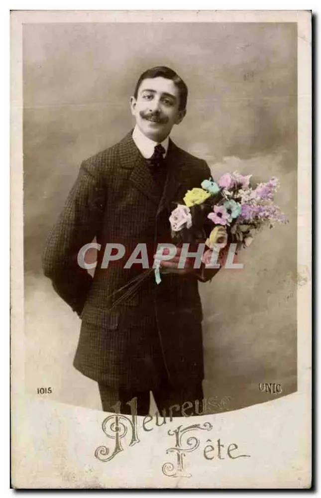 Jungmann mit Blumenstrauß — Frohe Feier — Universal Postverein, Nr. 1015 - Vorderseite