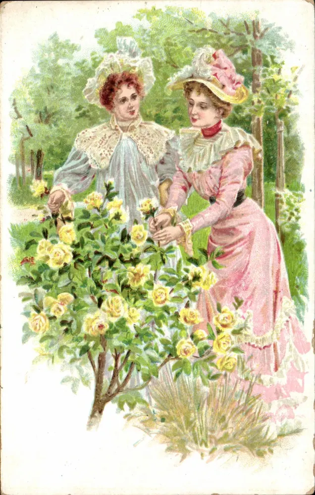 Zwei junge Frauen im Garten — Gelbe Rosen — Verleger nicht sichtbar - Vorderseite