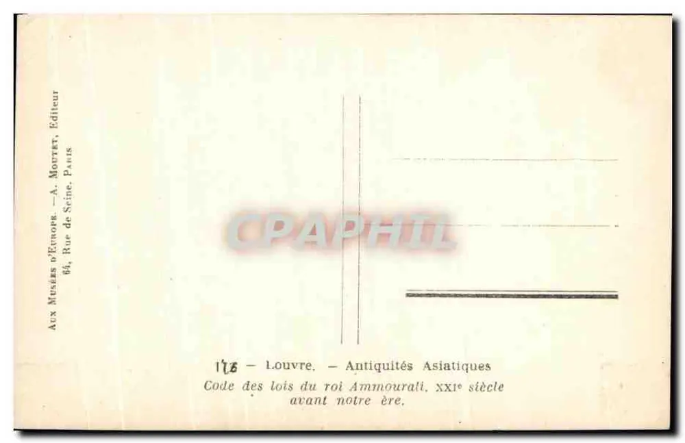 Bilhete postal antigo Código das leis do rei Ammouarali — Século XXI a.C. — Aux Musées d'Europe, Editor - Verso