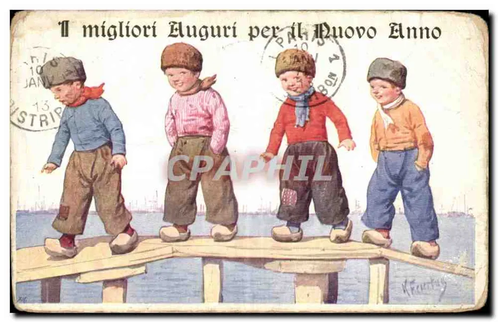 Quatre enfants sur un pont — illustration — éditeur 'Kreutzig' (imprimé sur la carte) - Frente