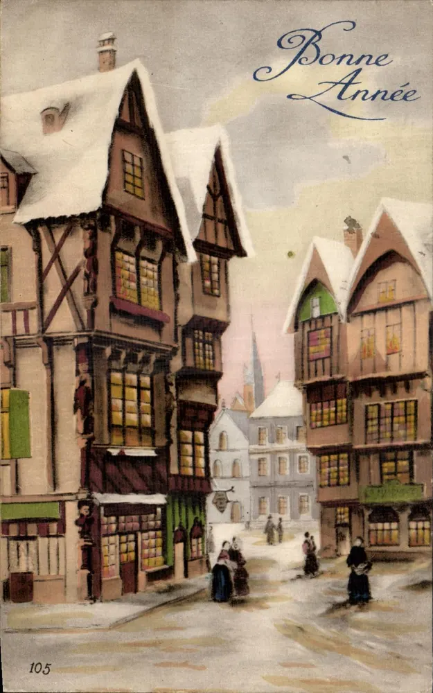 Schneevoller Dorf — Straßenszene mit Holzhäusern — Verlag Luxographie, Nr. 105 - Vorderseite