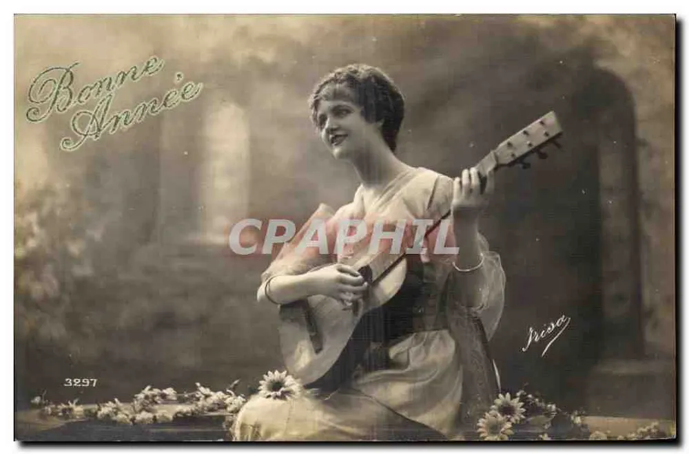 Junge Frau, die Gitarre spielt — Frohe Neujahr — Verlag Nisa, Nr. 3297 - Vorderseite