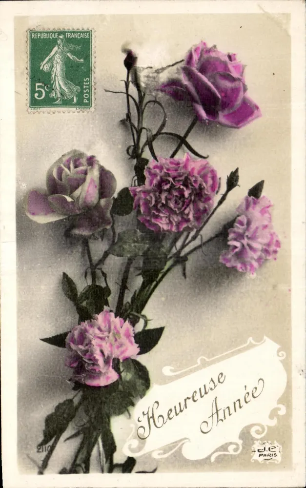 Arranjo de rosas e pêssegos — 'Bom Ano' — J.E. PARIS n°2110 - Frente