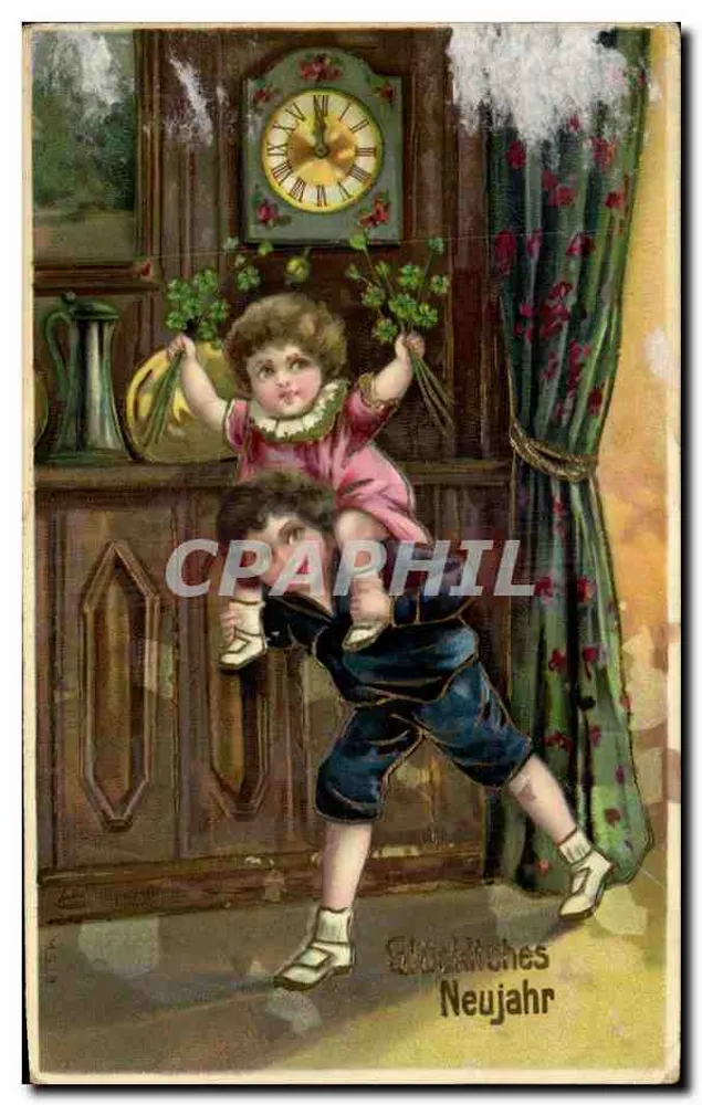 Enfant portant un autre enfant — scène intérieure avec horloge — éditeur : 'Böckliches Neujahr' - Vorderseite
