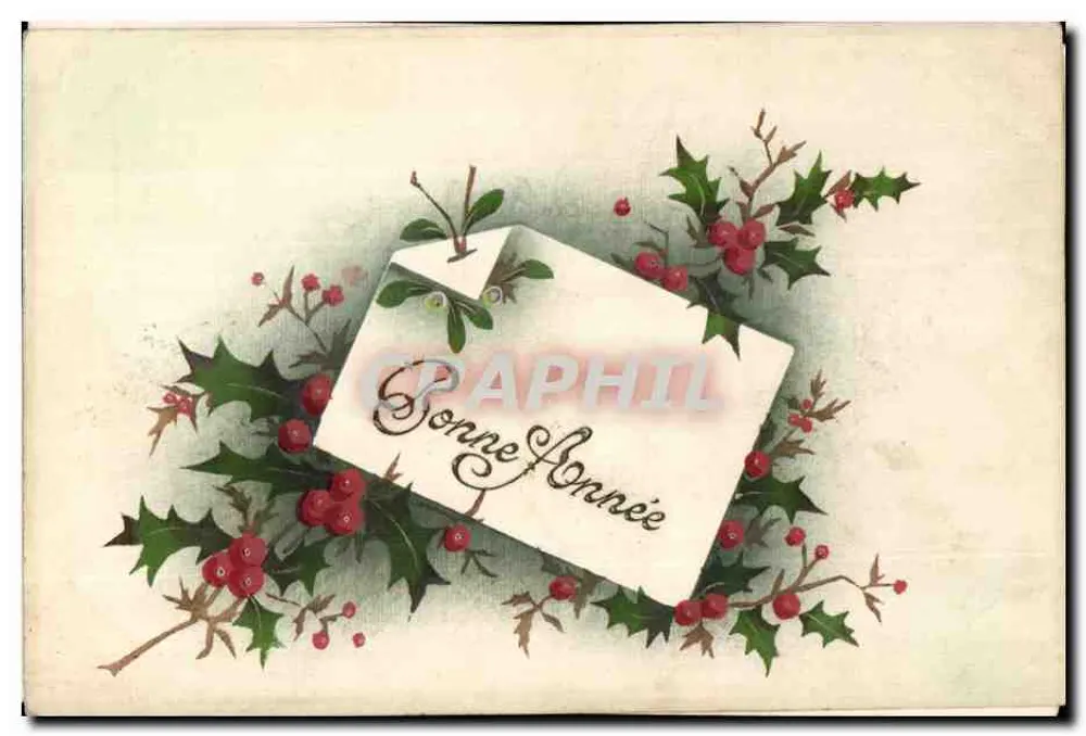 Bouquet de houx — carte de vœux avec texte imprimé 'Bonne Année' — éditeur non identifié - Vorderseite