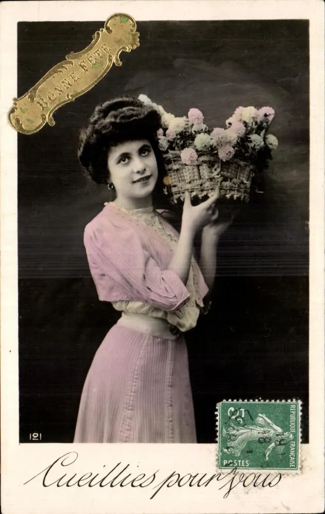 Frau mit Blumenkorb — Frohe Geburtstage — unbekannter Verlag, Nr. 121 - Vorderseite