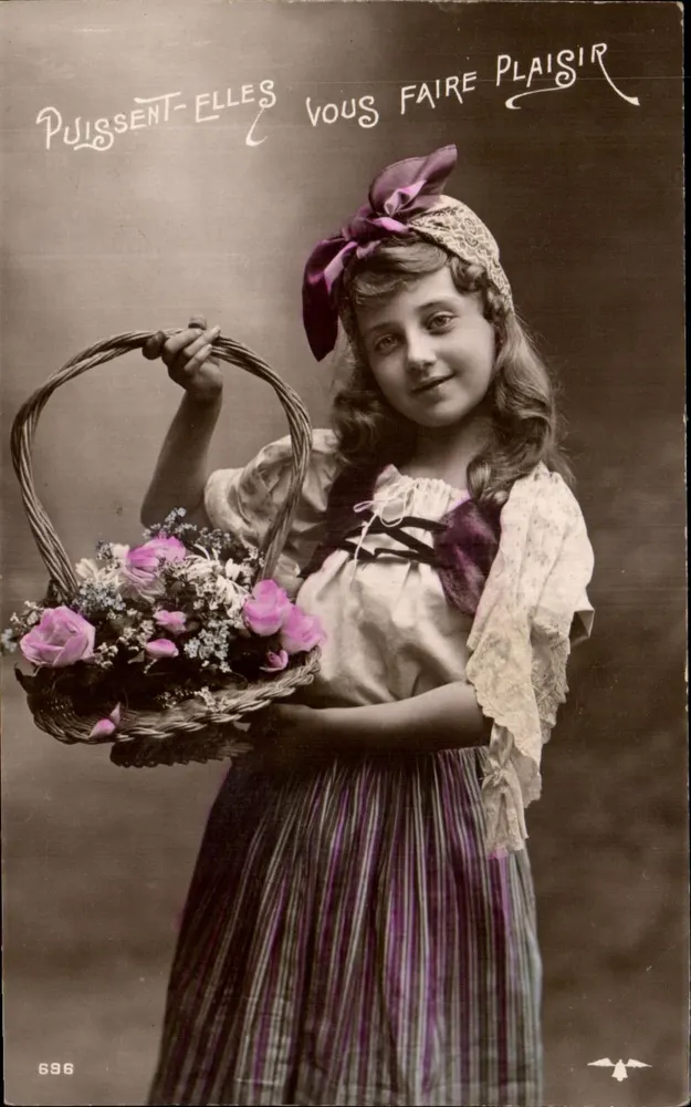 Mädchen mit einem Blumenkorb — gedruckter Text 'Mögen sie Ihnen gefallen' — Nr. 696 - Vorderseite