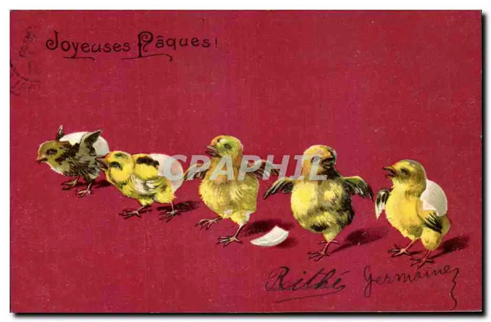 Pintos saindo dos ovos — Feliz Páscoa! — Rilthe Germaine - Frente
