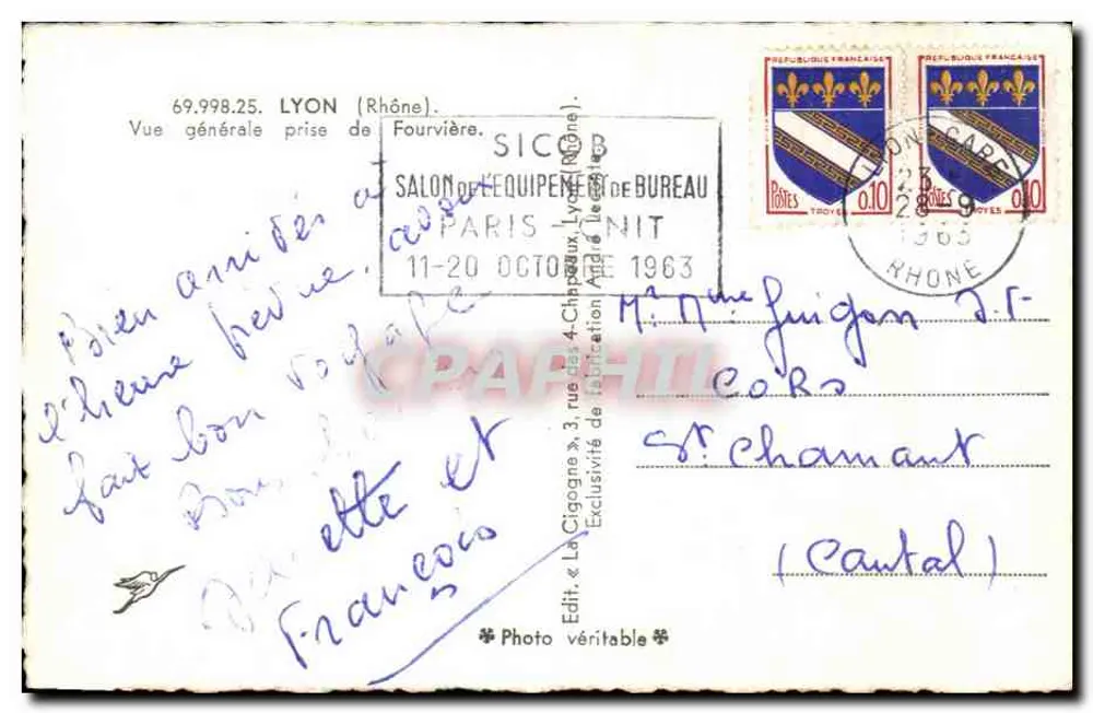 Visão geral de Lyon — vista de Fourvière — Edit. La Cigogne, n° 69.998.25 - Verso