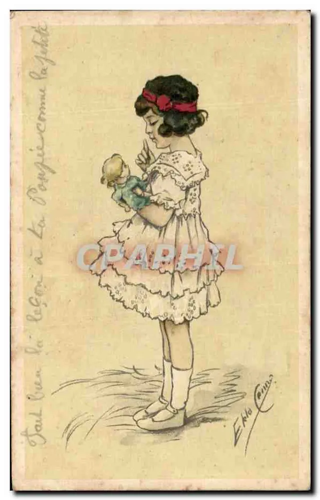 Menina segurando uma boneca — desenho de Ettore Cenni — editor V. Revis, N. 011 - Frente